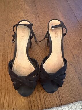 SCHUTZ Black Suede Crisscross Block-Heel Sandals